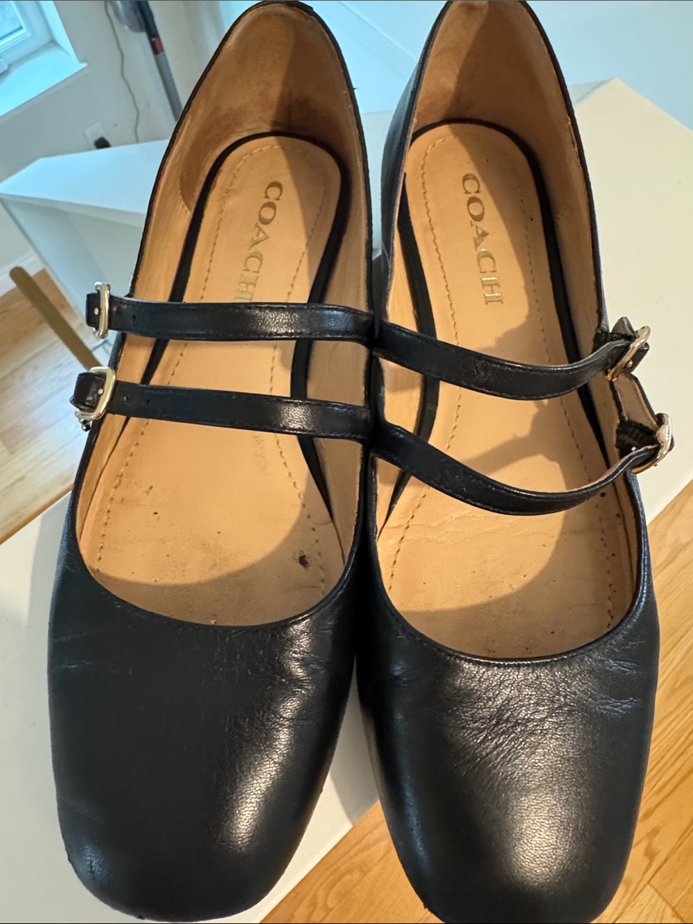 Coach Black Leather Double-Strap Mary Jane Flats